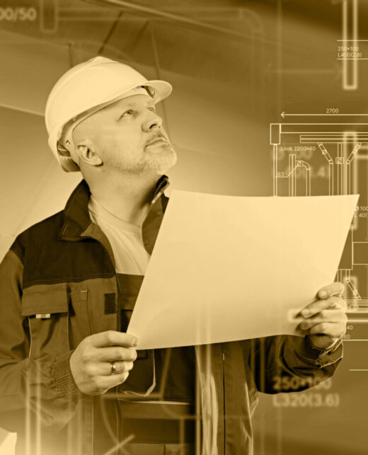 Engineer in uniform and hard hat inspects ventilation system with blueprints and digital HVAC diagrams in background. – Engineering. Construction. Ventilation.